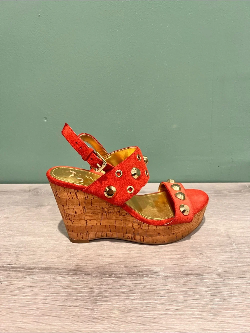 Ivanka Trump Coral Suede Cork Wedge Sandals with Gold Studs Size 5